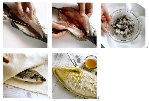 Preparing stuffed sea bass in puff pastry; final image: 110079