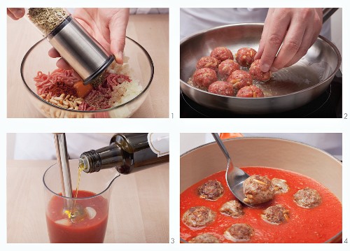 Preparing Spanish meatballs in tomato sauce