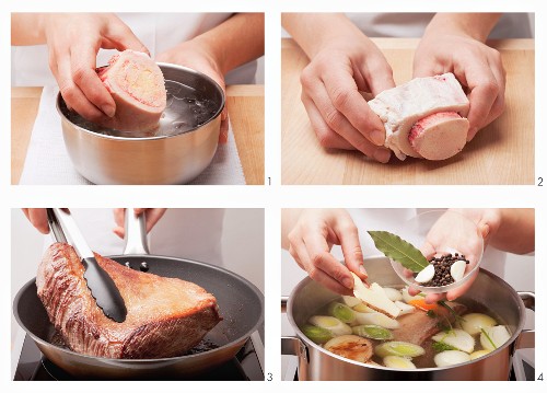 Preparing Tafelspitz (German boiled sirloin) with beef bone marrow