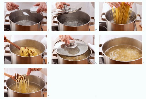 Spaghetti being cooked until al dente