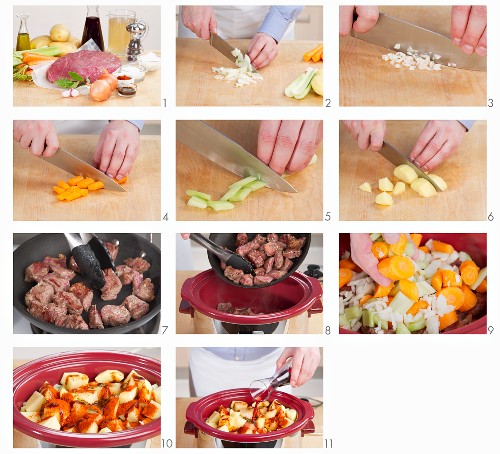 Beef stew being made in a slow cooker