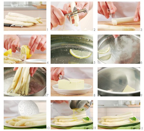 White asparagus being prepared