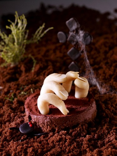 Marzipan fingers in a chocolate cake landscape