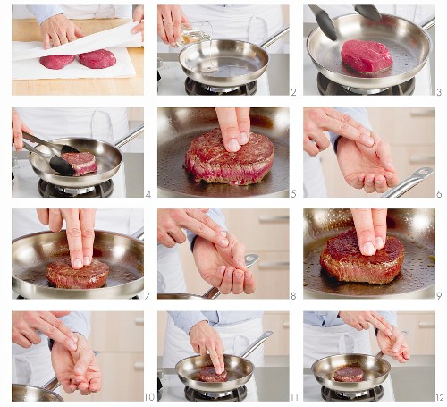 Fillet steaks being fried correctly (doneness being checked using the finger test)