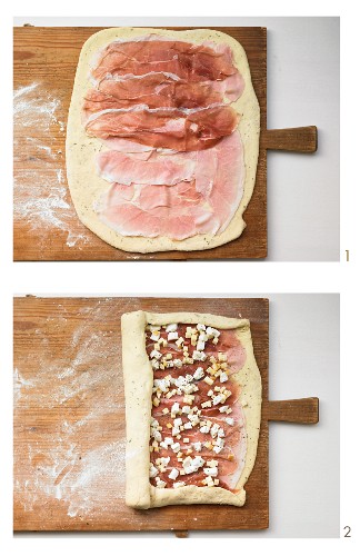 Ciabatta with a ham and cheese filling being made