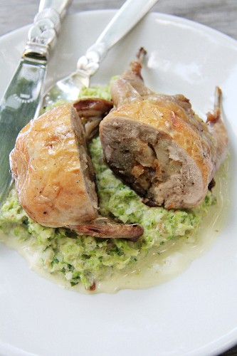 Stuffed quail on a savoy cabbage medley