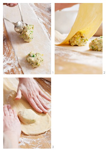 Ravioli with a Jerusalem artichoke filling being made