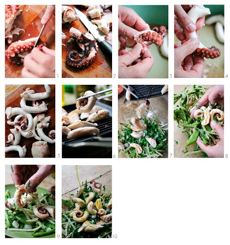 Gegrillten Oktopus auf Gemüse zubereiten
