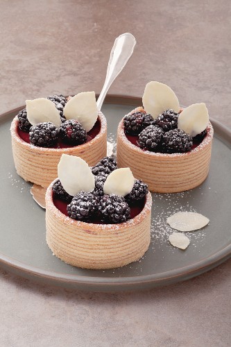 Three small Baumkuchen (German layer cakes) filled with blackberry cream and garnished with blackberries, on a grey plate