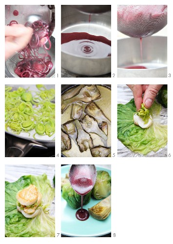 Zubereitung von Rotweinsoße, Artischocken und Jakobsmuscheln im Salatblatt