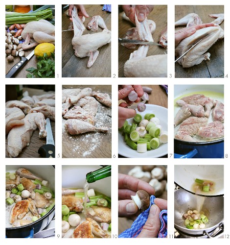 Chicken in a wine broth with mushrooms being prepared