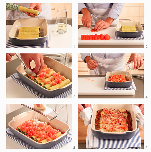 Cannelloni with a spinach and ricotta filling and tomatoes being made