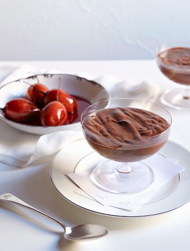 Chocolate mousse with poached red wine tamarillos
