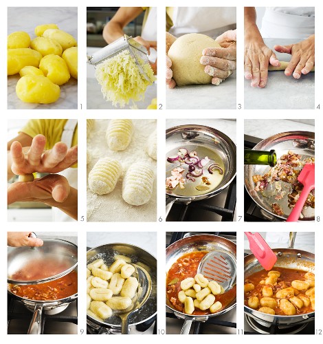 Gnocchi with Amatriciana sauce being made
