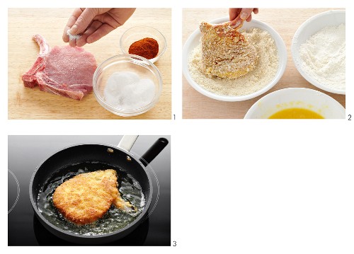 Breaded pork cutlet being prepared