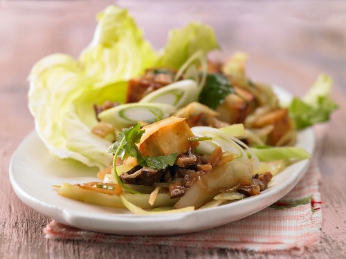 Pan-fried tofu and mushrooms in lettuce leaves (Asia)