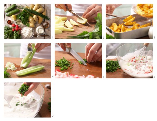 Gebackene Kartoffelspalten mit Gemüse-Quarkdip zubereiten