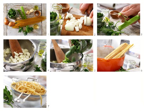 Vollkorn-Pasta mit grüner Sauce und Parmesankäse zubereiten