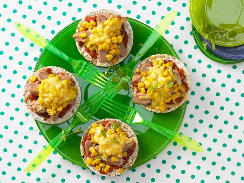 A rice waffle and vegetable snack with tuna