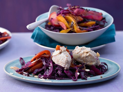 Ricotta dumplings on a bed of apple, mango and red cabbage with ginger and coriander