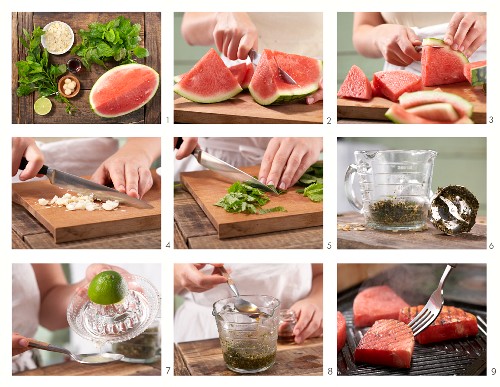 Grilled watermelon with lemon balm pesto being made