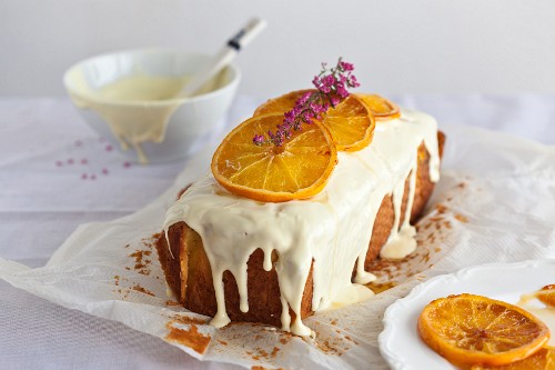Orange cake with poppy seeds and white chocolate icing