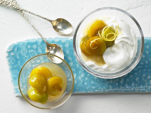 Greengage compote with vanilla yoghurt