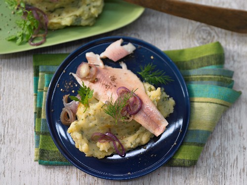 Forellenfilet mit roten Zwiebeln auf Steckrüben-Kartoffelpüree