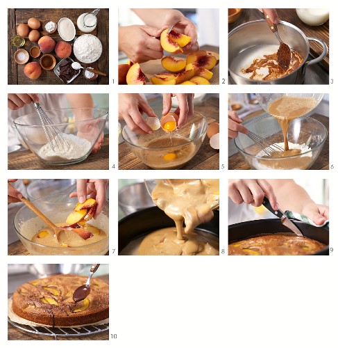 How to prepare a coffee cake with peaches and chocolate decorations