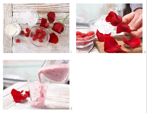 Rosenblüten-Milchmix mit Himbeeren zubereiten