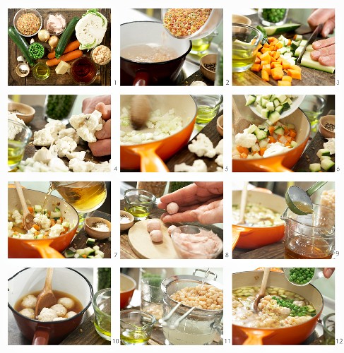 Children's minestrone with meatballs and vegetables being made