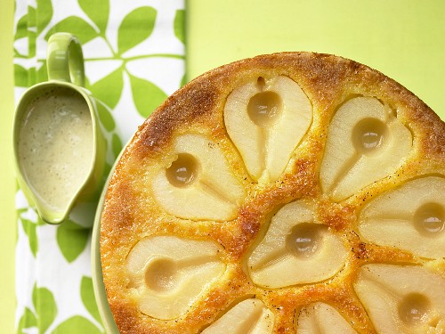 A pear pound cake with marzipan