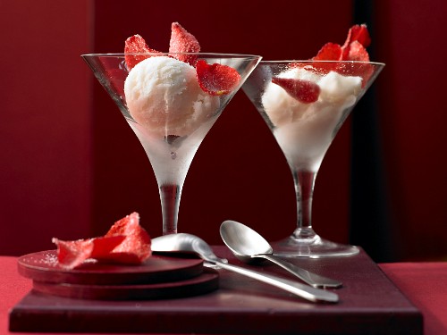 Rose sorbet with crystallised rose petals