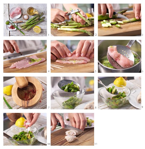 How to make turkey roulade on an asparagus salad with wasabi and pink pepper