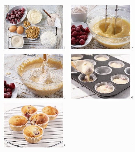How to make walnut muffins with vanilla yoghurt and sour cherries