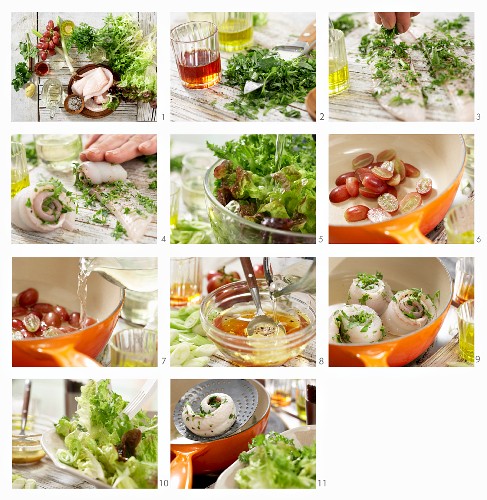 Salade gourmande mit Seezungenröllchen und pochierten Trauben in Champagner-Essig-Vinaigrette zubereiten