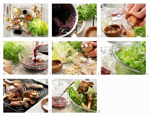 Blattsalat-Mix mit gegrillten Pilzen, Haselnüssen und Holunderbeersaft-Vinaigrette zubereiten