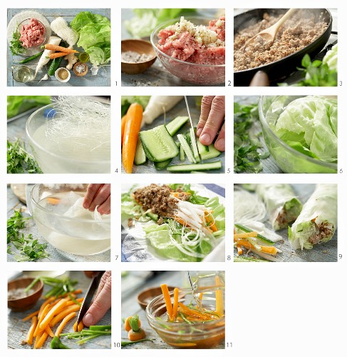 Thai-Frühlingsrollen mit Schweinehack, Salat und Glasnudeln zubereiten