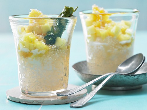 Tapioca pudding with fruit, palm sugar syrup and coconut