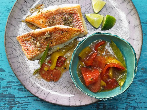 Snapper adobo with a pepper ragout