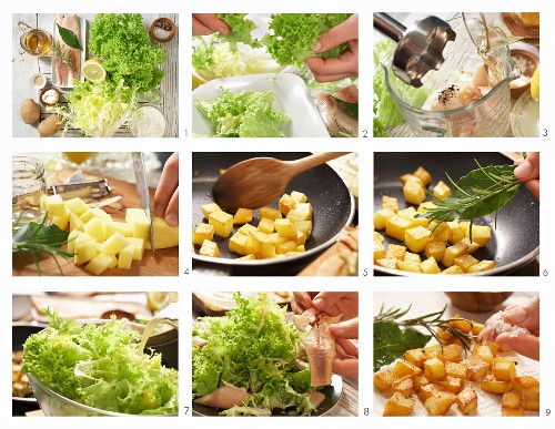 How to prepare a green salad with smoked trout, potato croutons and horseradish sauce