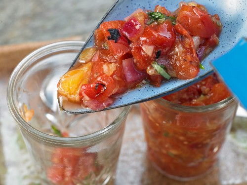Grilled tomato chutney with basil and oranges