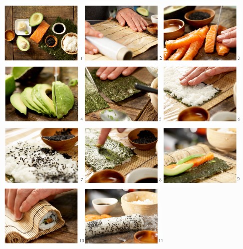 Inside-out rolls with salmon, avocado and sesame seeds being made