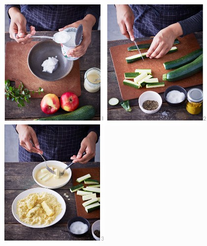 Vegan courgette dippers with apple and mint raita being made (soya-free)