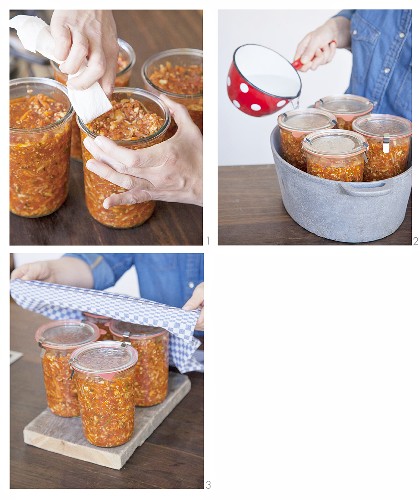 Vegan vegetable bolognese being cooked in jars