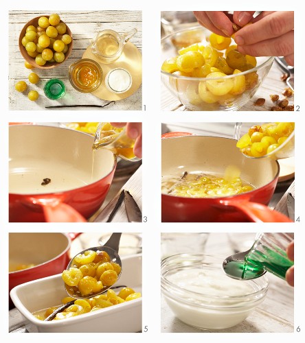 Pochierte Mirabellen mit Vanillesirup und Minzjoghurt zubereiten