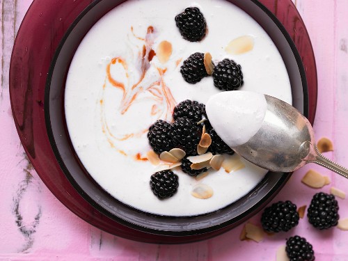 Iced kefir soup with rose hips and blackberries