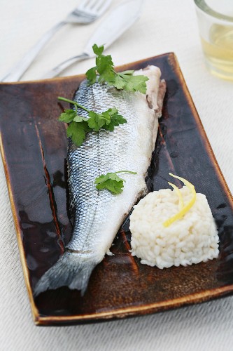 Microwaved sea bass with lemon risotto