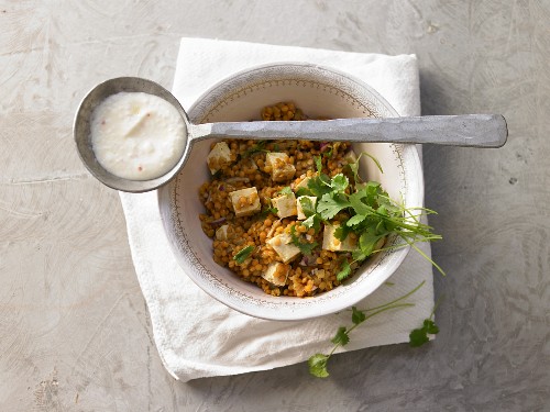 Lentils with tofu and chilli yoghurt