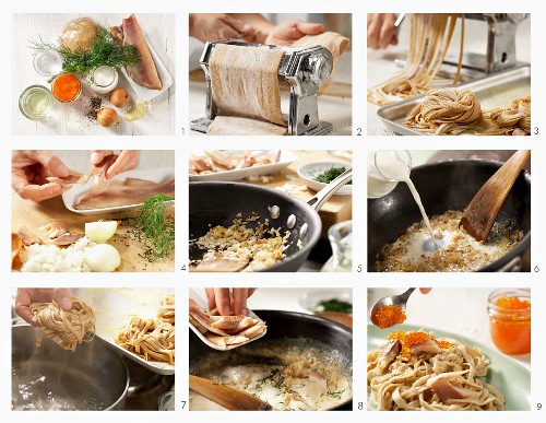 Pasta in a creamy dill sauce with smoked trout and caviar being made